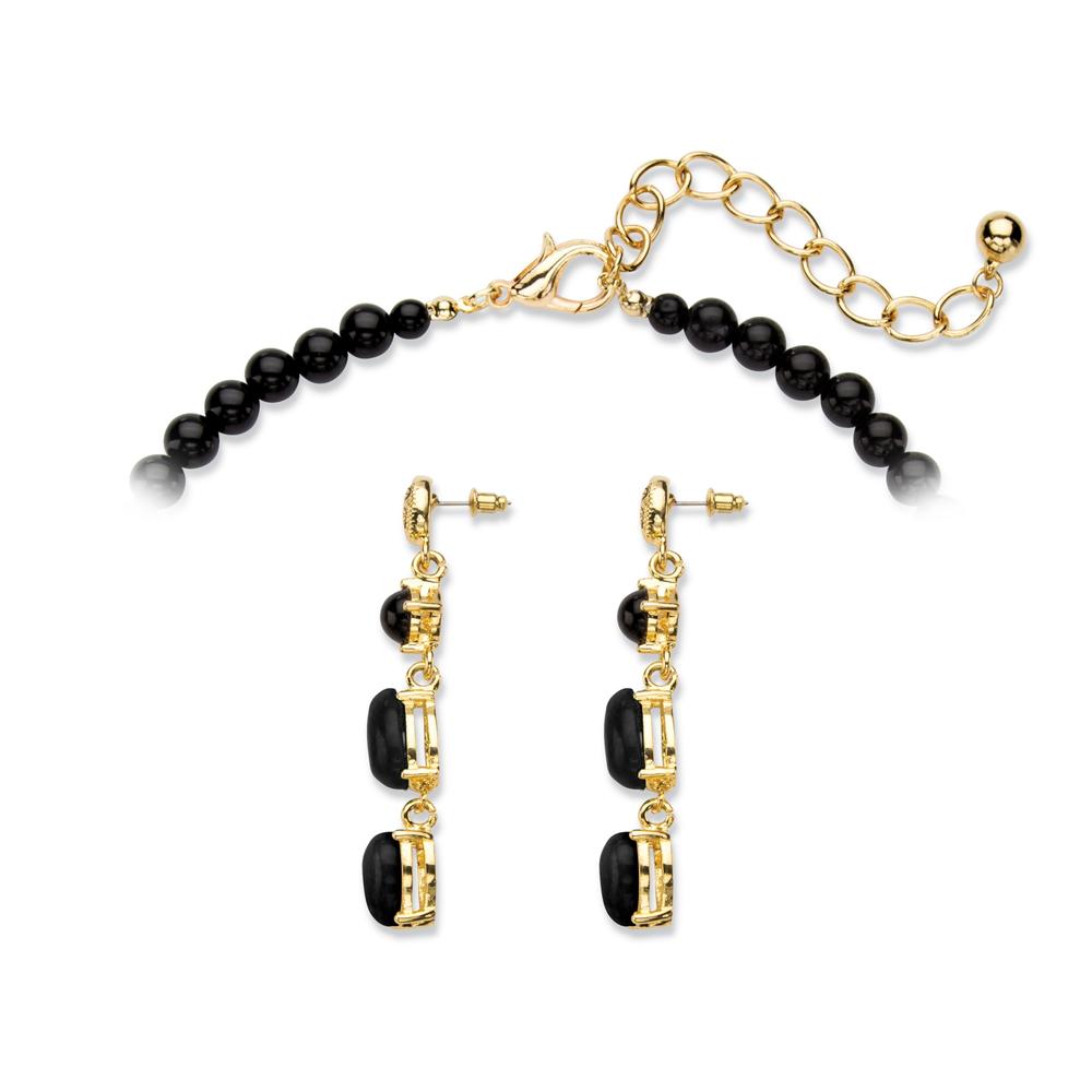 PalmBeach Jewelry Genuine Black Onyx and Crystal  2-Piece Beaded Leopard Necklace and Drop Earrings Set in Gold Tone 18"-22"