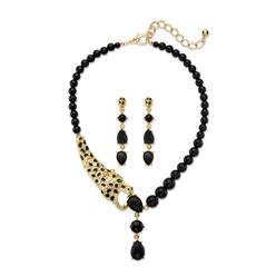 PalmBeach Jewelry Genuine Black Onyx and Crystal  2-Piece Beaded Leopard Necklace and Drop Earrings Set (.30 TCW) in Goldtone 18"-22"