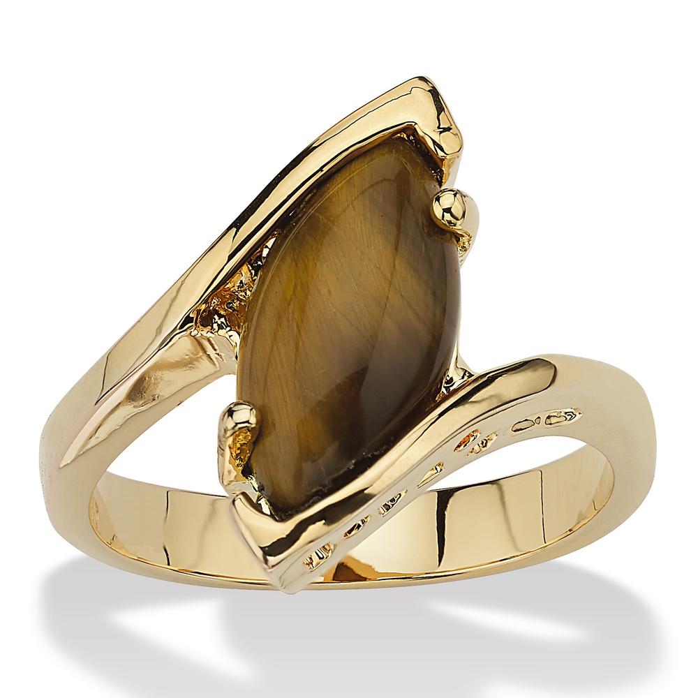 PalmBeach Jewelry Marquise-Shaped Genuine Tiger's-Eye 14k Yellow Gold-Plated Cocktail Ring