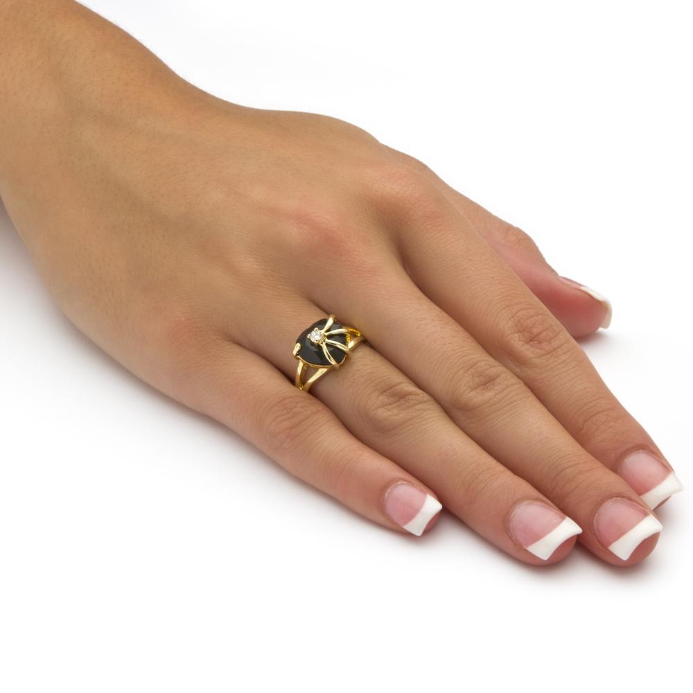 PalmBeach Jewelry Heart-Shaped Genuine Onyx Cubic Zirconia Accent 14k Yellow Gold-Plated Cocktail Ring
