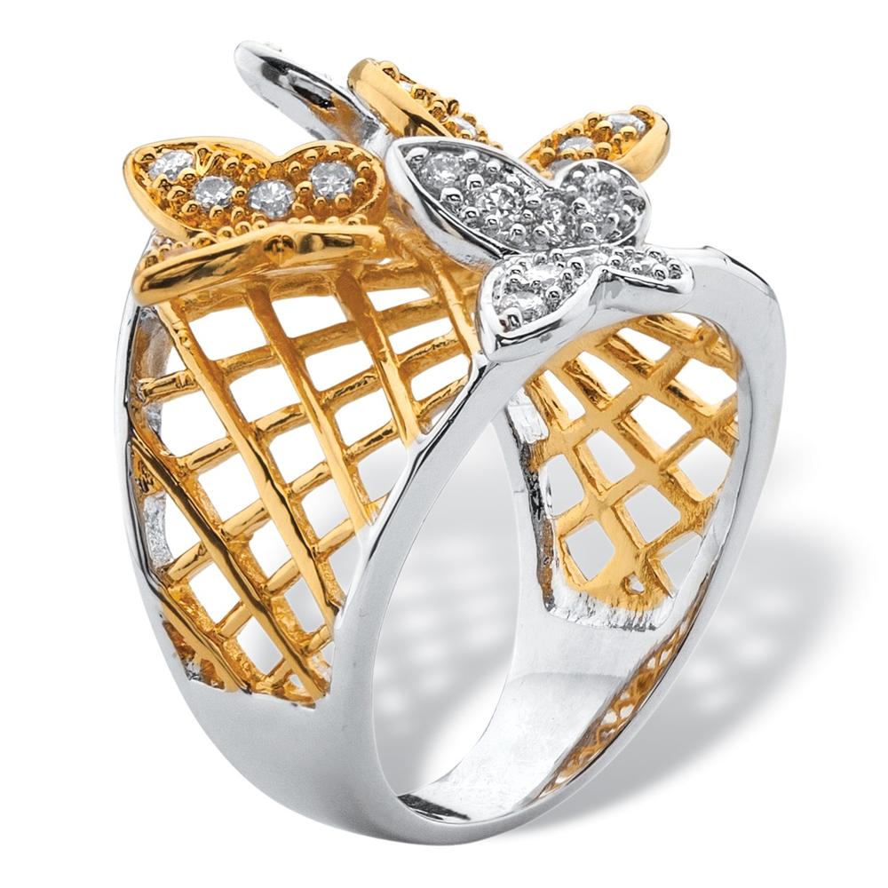 PalmBeach Jewelry .48 TCW Pave Cubic Zirconia Two-Tone Butterfly Latticework Ring 18k Gold-Plated