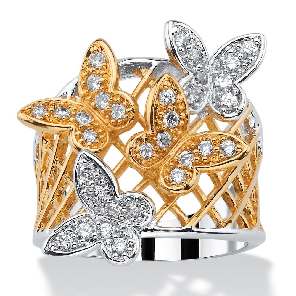 PalmBeach Jewelry .48 TCW Pave Cubic Zirconia Two-Tone Butterfly Latticework Ring 18k Gold-Plated
