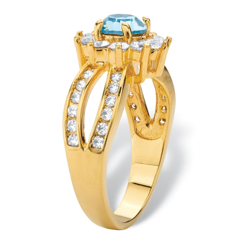 PalmBeach Jewelry 1.08 TCW Round Aquamarine Blue Crystal and White Cubic Zirconia 14k Gold-Plated Halo Cocktail Ring