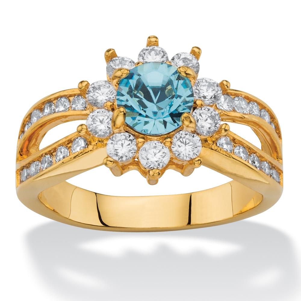 PalmBeach Jewelry 1.08 TCW Round Aquamarine Blue Crystal and White Cubic Zirconia 14k Gold-Plated Halo Cocktail Ring