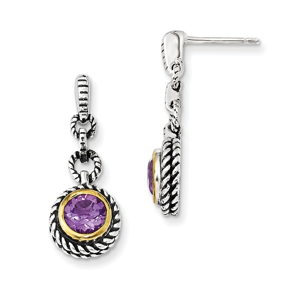 Sterling Silver With 14k Round Amethyst Balinese Earrings (10x25mm)