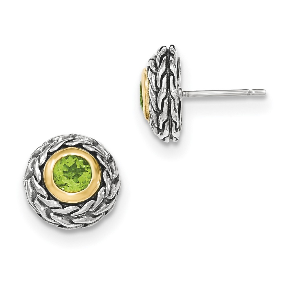 Sterling Silver With 14k Round Peridot Balinese Post Earrings (10mm)