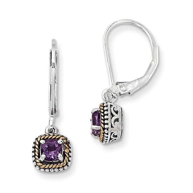 Sterling Silver With 14k Round Amethyst Balinese Leverback Earrings (7x24mm)
