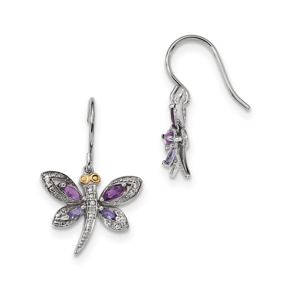 Sterling Silver and 14K Amethyst and Iolite and Diamond Dragonfly Earrings - Measures 27x21mm