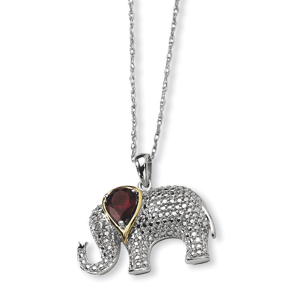 Sterling Silver and 14K Garnet and Diamond Elephant Necklace - 17 Inch chain - 20x25mm