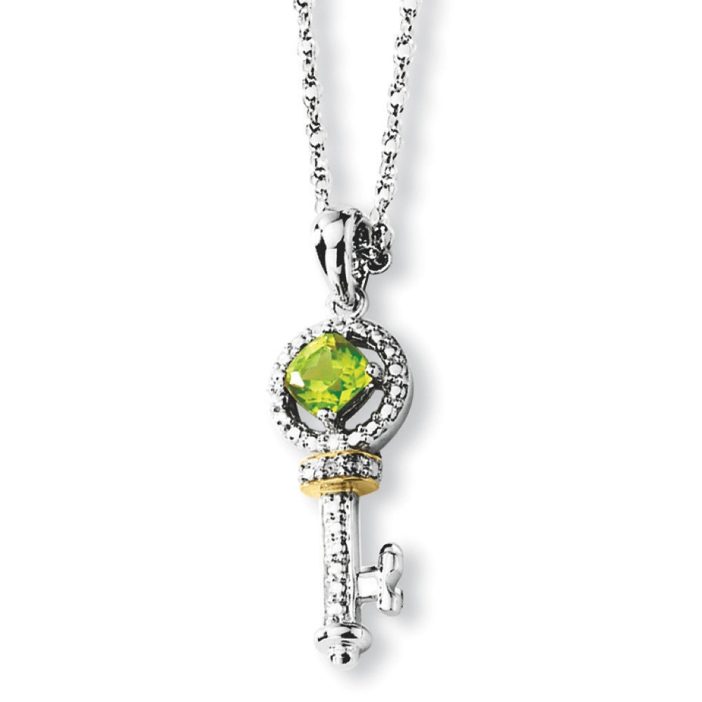 Sterling Silver and 14K Peridot and Diamond Key Necklace - 17 Inch chain - 7x24mm