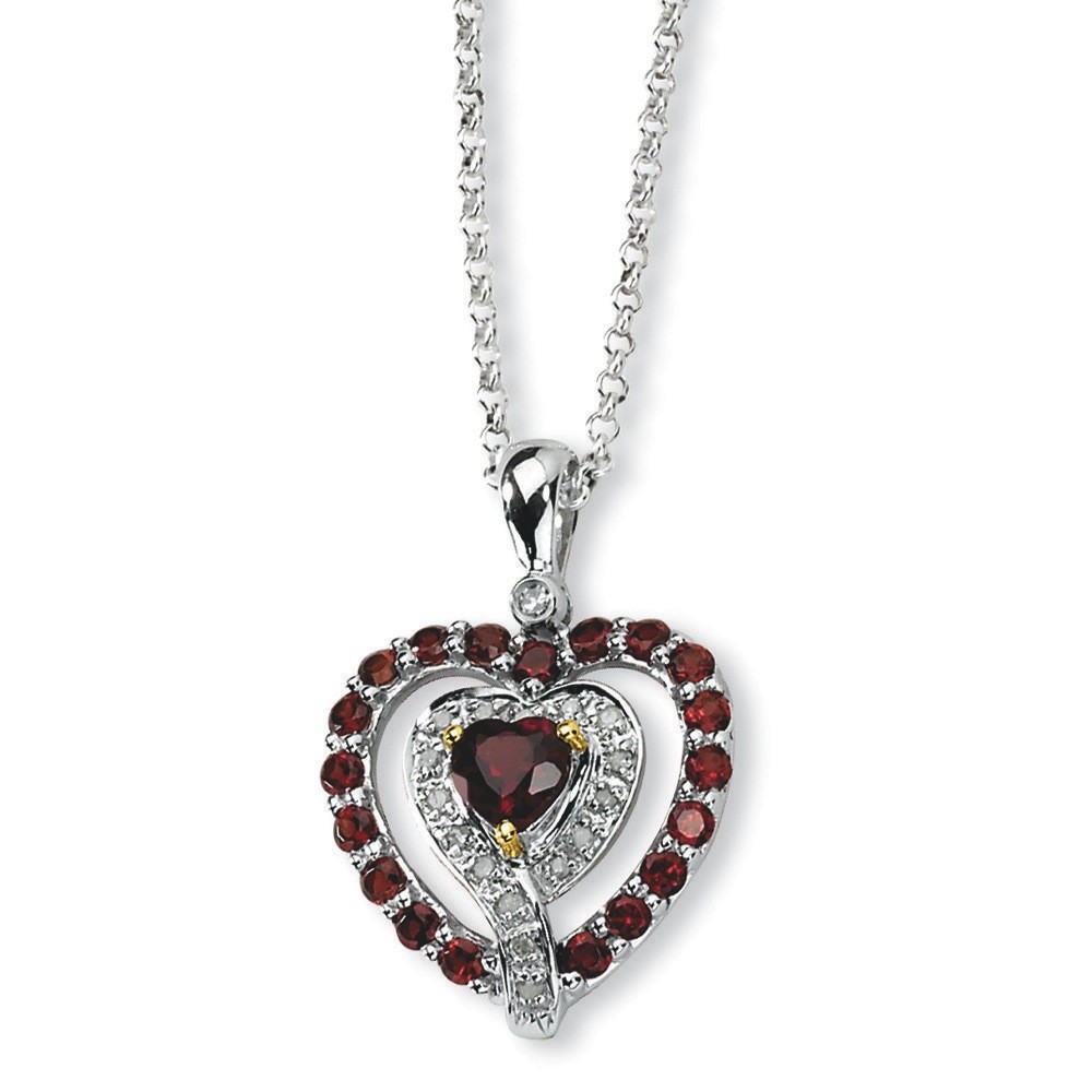 Sterling Silver and 14K Garnet and Diamond Necklace - 18 Inch chain included - 19x28mm