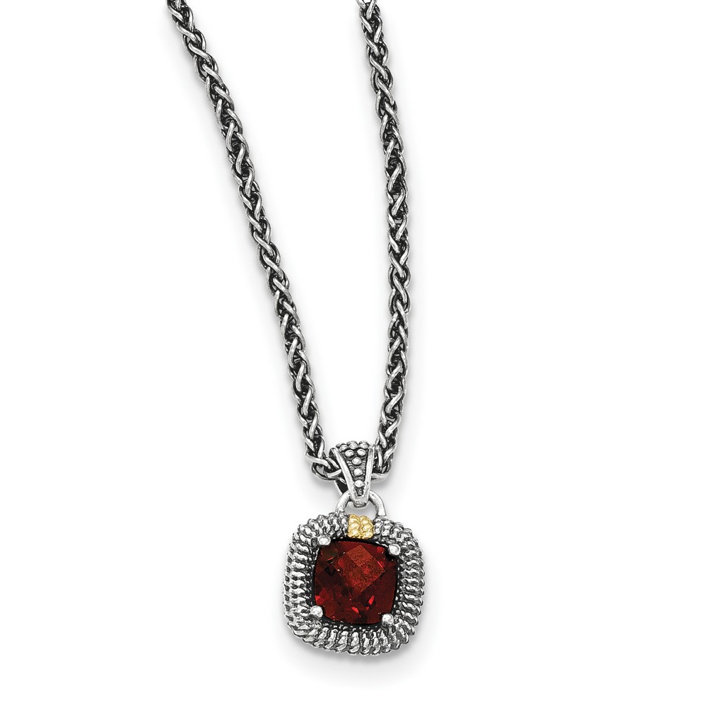 Sterling Silver With 14k Cushion Garnet Necklace - ships with an 18-inch chain