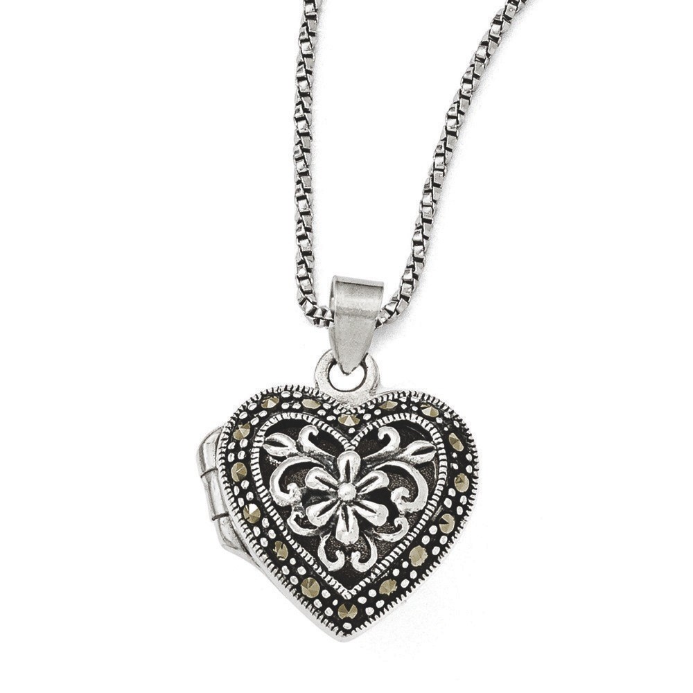 Sterling Silver Marcasite Heart Locket (Ships with an 18-inch chain) (7x19mm)