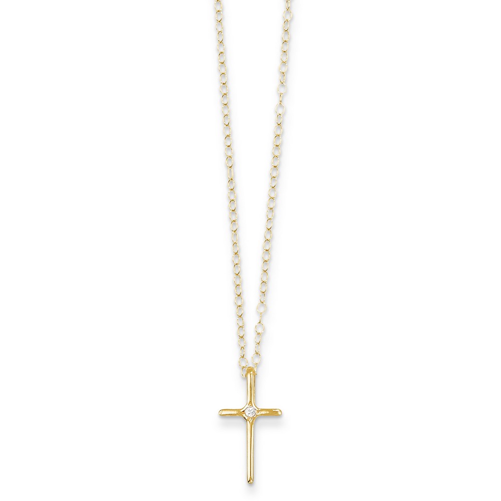 14k Gold .01 cttw Diamond Cross Childrens Necklace - with 15 Inch chain - Measures 10x13mm - Lobster-claw