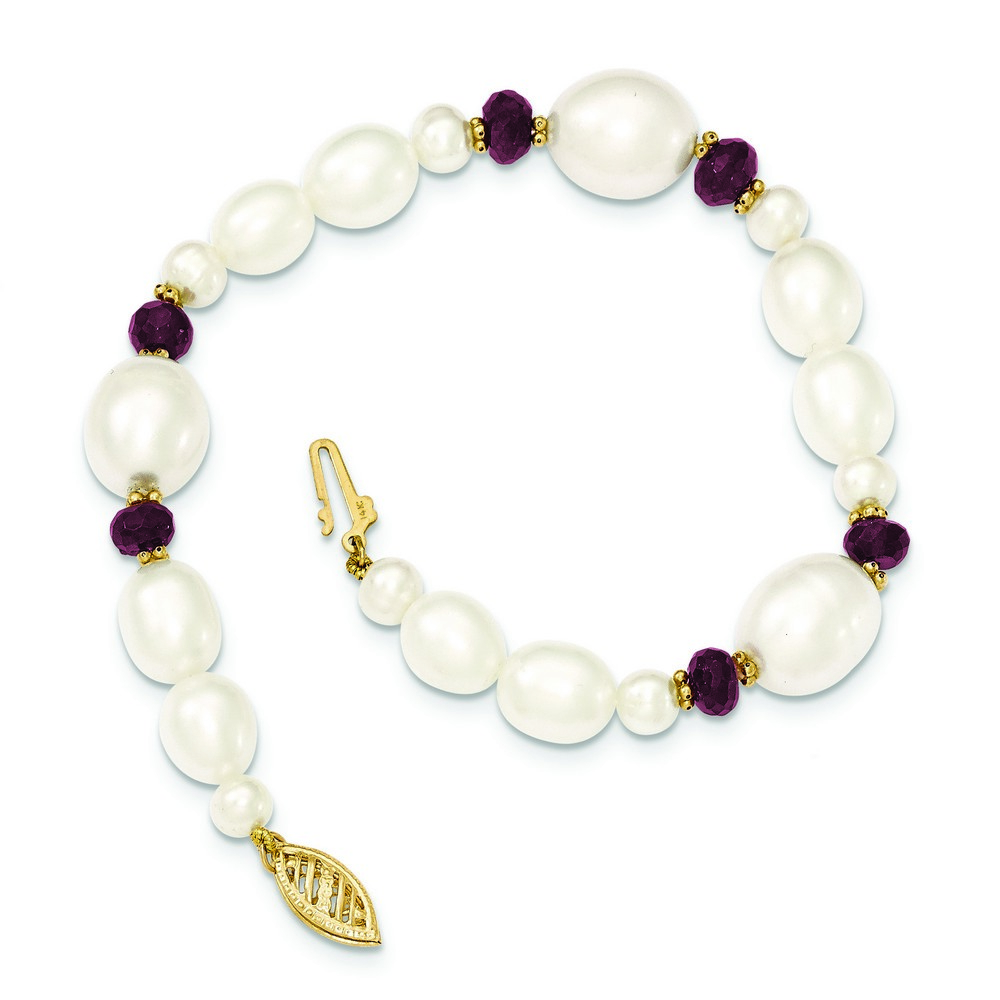 14k Yellow Gold Freshwater Cultured Pearl and Faceted Garnet Bead Bracelet (10mm wide x 7.25" long)