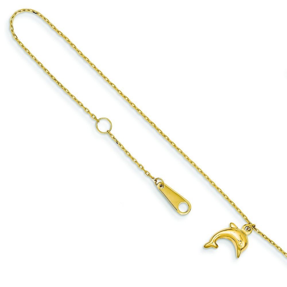 14k Yellow Gold 9-Inch Polished Dolphin Anklet - Spring-ring-closure - 1 inch extender