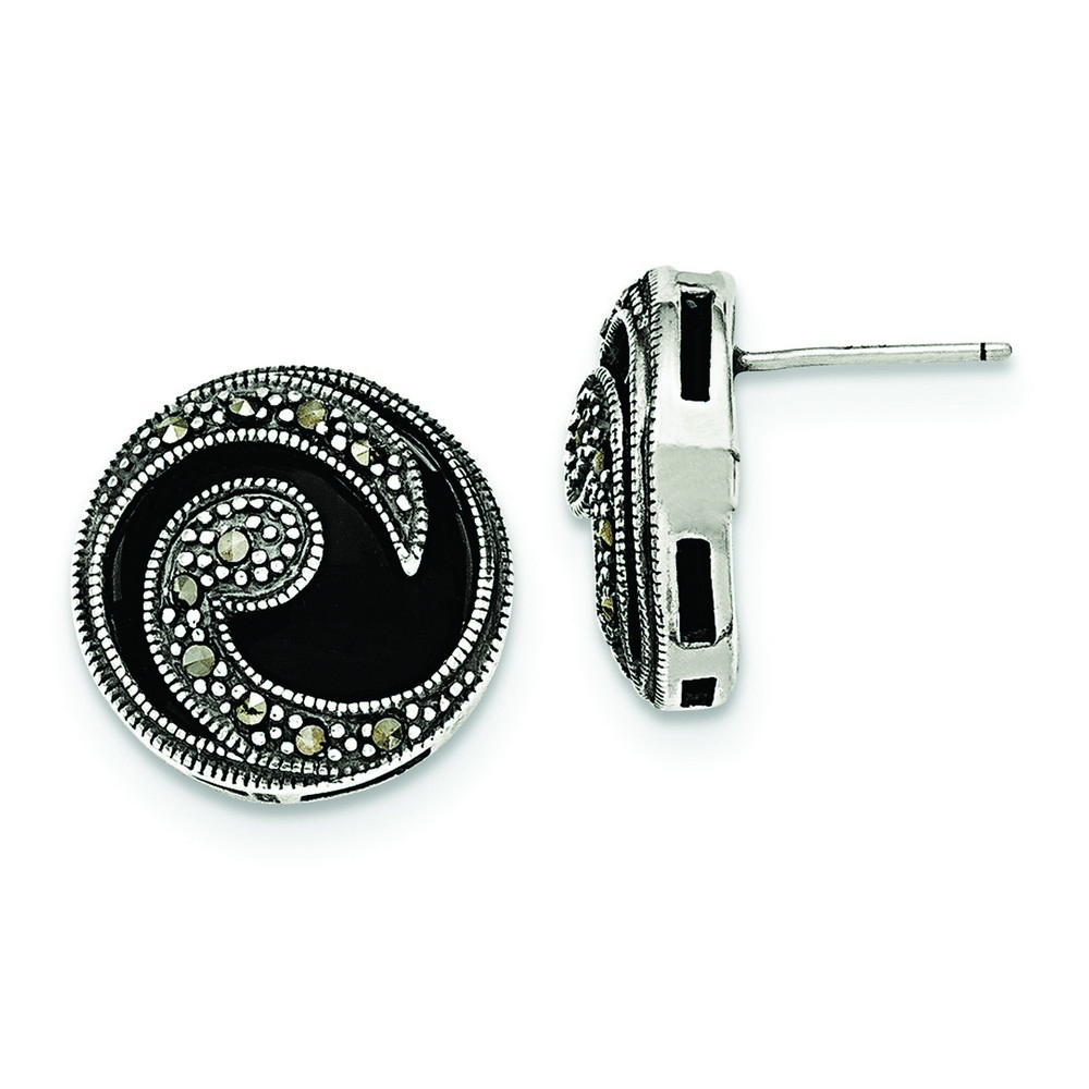 Sterling Silver Onyx and Marcasite Round Swirl Post Earrings (18mm)