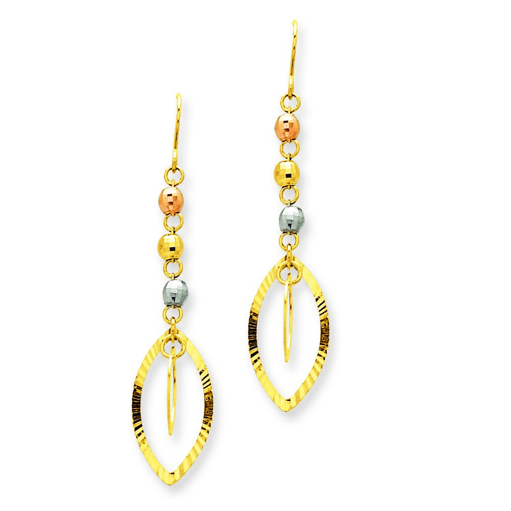 14K Tri-Color Gold Bead and Yellow Oval Dangle Earrings *x38mm)