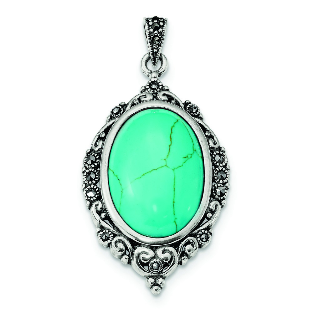 Sterling Silver Marcasite Simulated Turquoise Pendant (26x50mm)