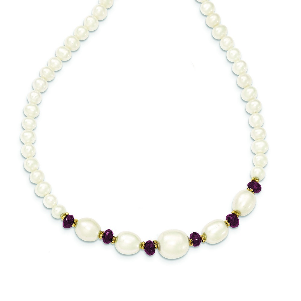 14k Yellow Gold Freshwater Cultured Pearl and Faceted Garnet Bead Necklace - 18 Inch