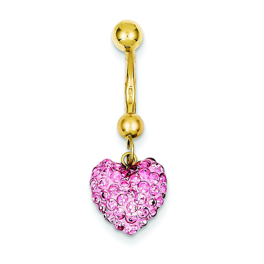 10k Yellow Gold With Dangle Pink Crystal Heart Belly Ring Dangle