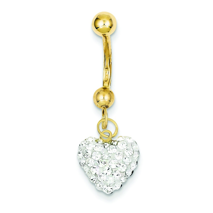 10k Yellow Gold With Dangle White Crystal Heart Belly Ring Dangle