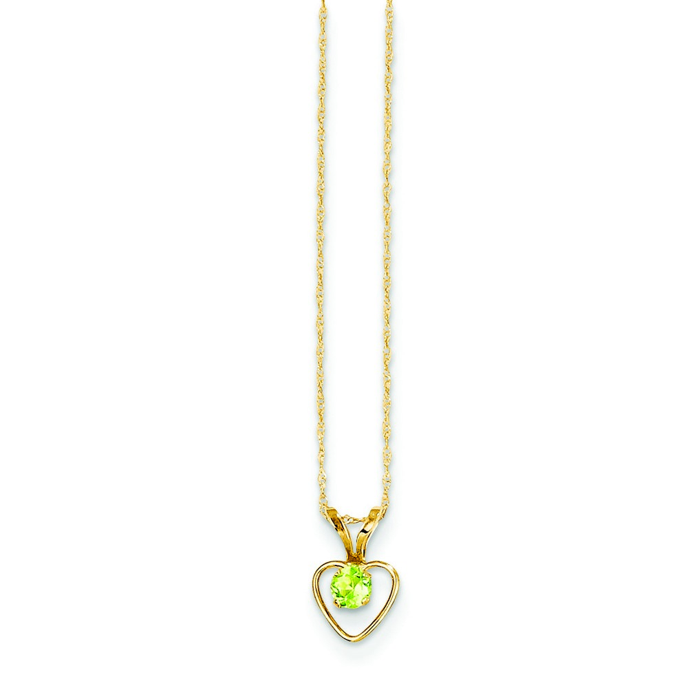 14k Yellow Gold Childrens 3mm Peridot Heart Birthstone Pendant - Ships with 15-inch chain - Measures 10x6mm