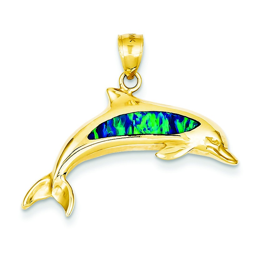 14k Yellow Gold Created Opal Dolphin Pendant (27x32mm)