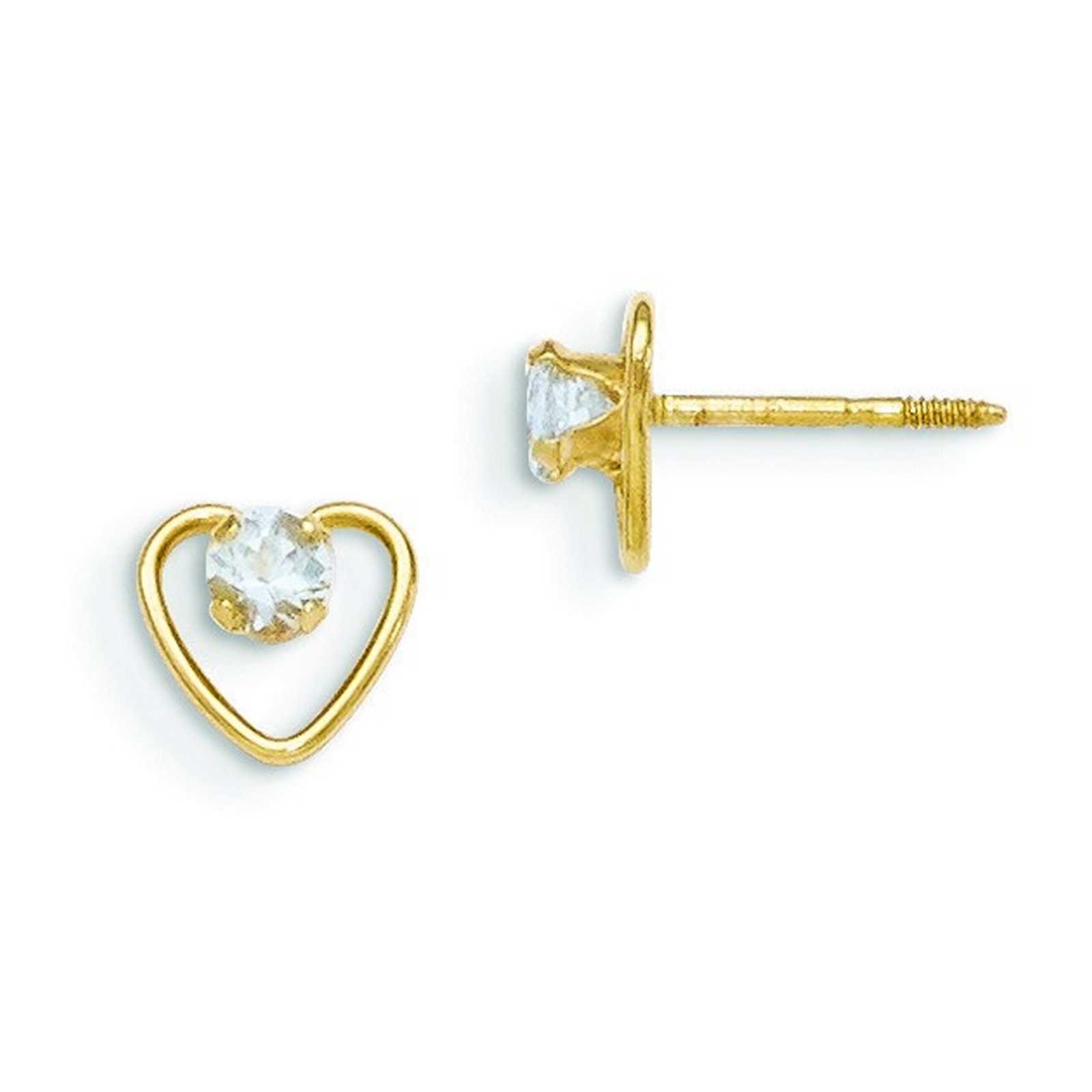 14k Yellow Gold 3mm Aquamarine Birthstone Heart Childrens Earrings - Measures 6x6mm