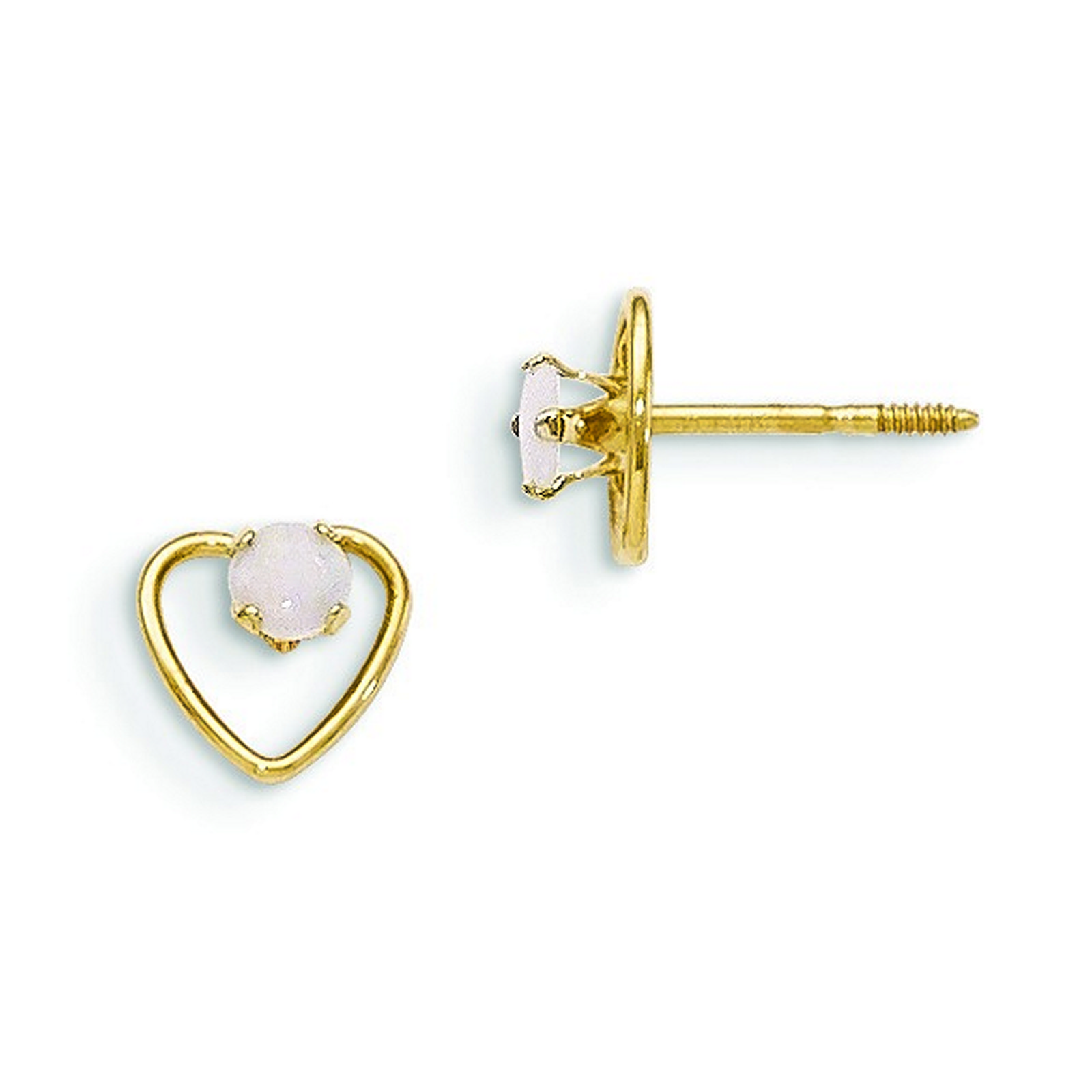 14k Yellow Gold 3mm Created Opal Birthstone Heart Earrings - Measures 6x6mm