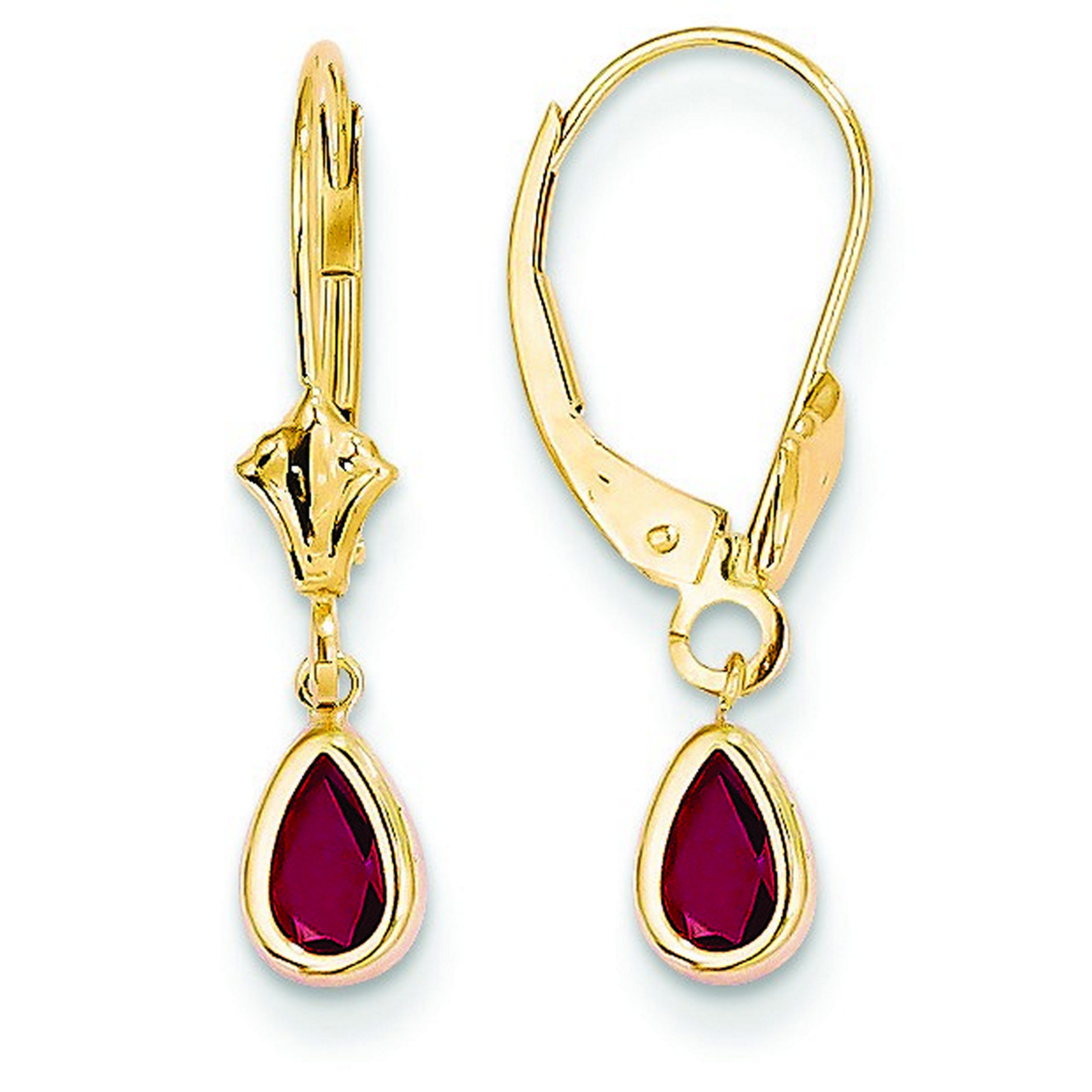 14k Yellow Gold Bezel Pear Ruby Leverback Earrings - July Birthstone (5x24mm)