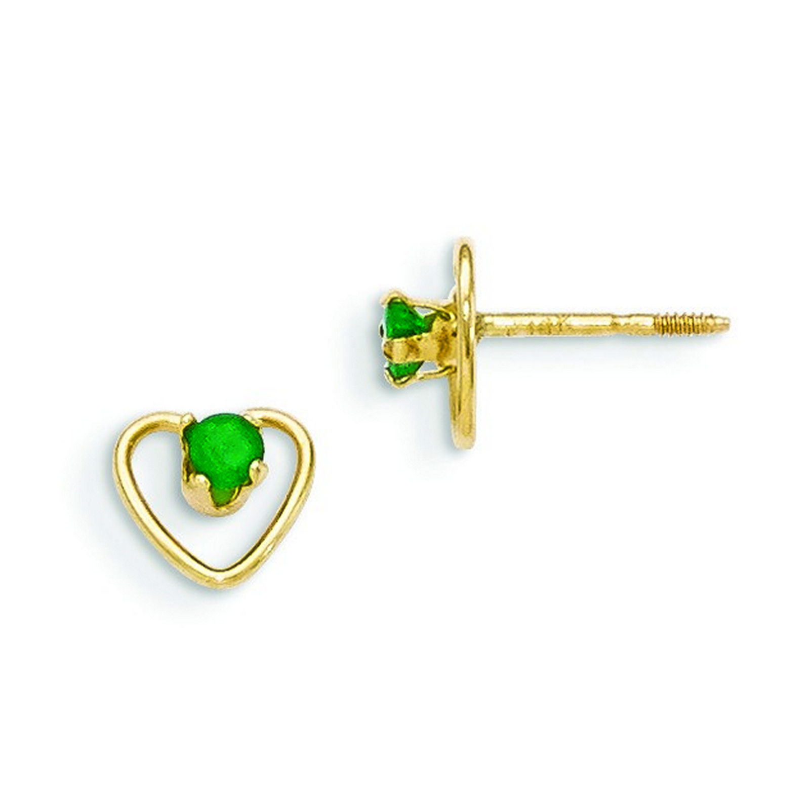 14k Yellow Gold 3mm Emerald Birthstone Heart Earrings - Measures 6x6mm