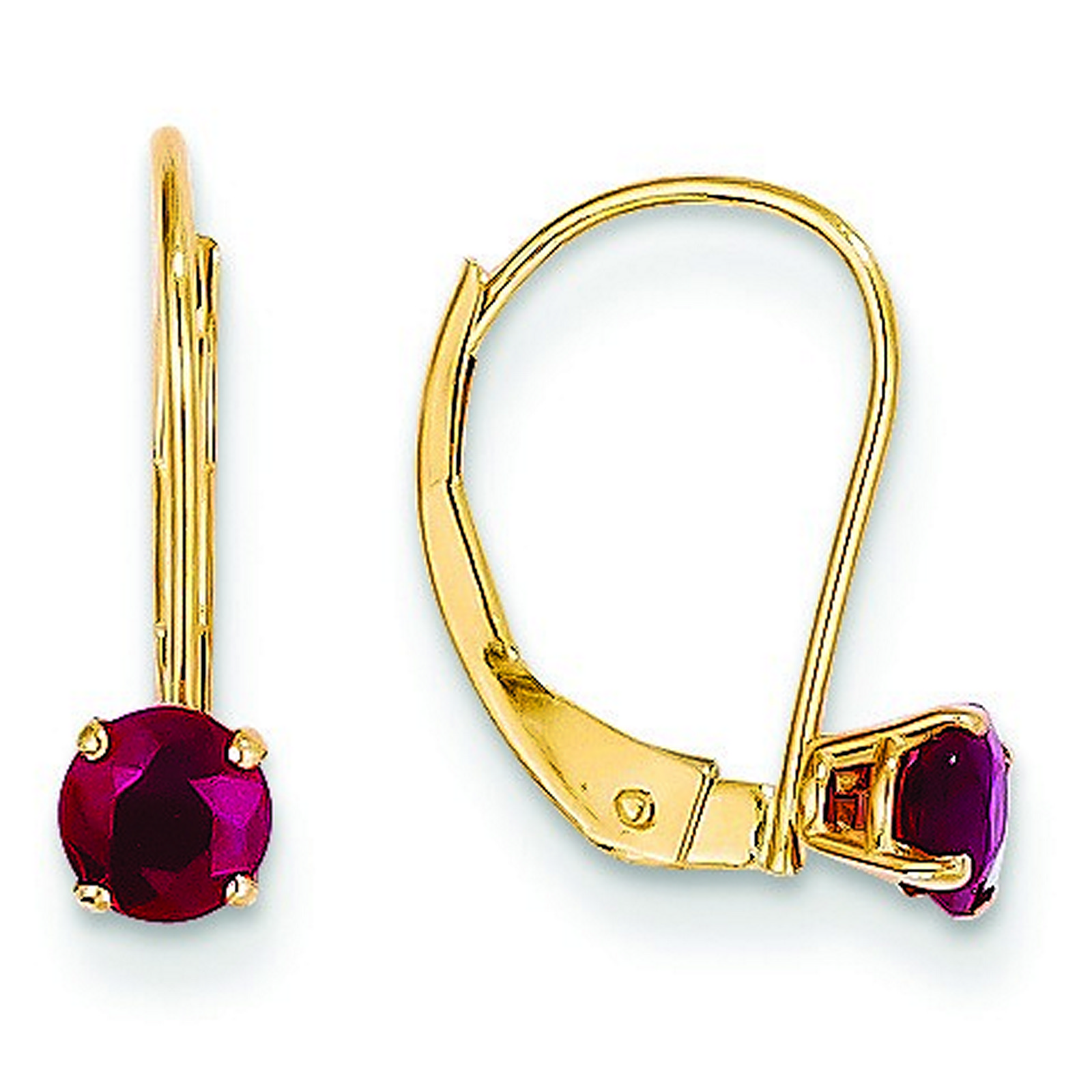 14k Yellow Gold 4mm Round July Birthstone Ruby Leverback Earrings (5x14mm)
