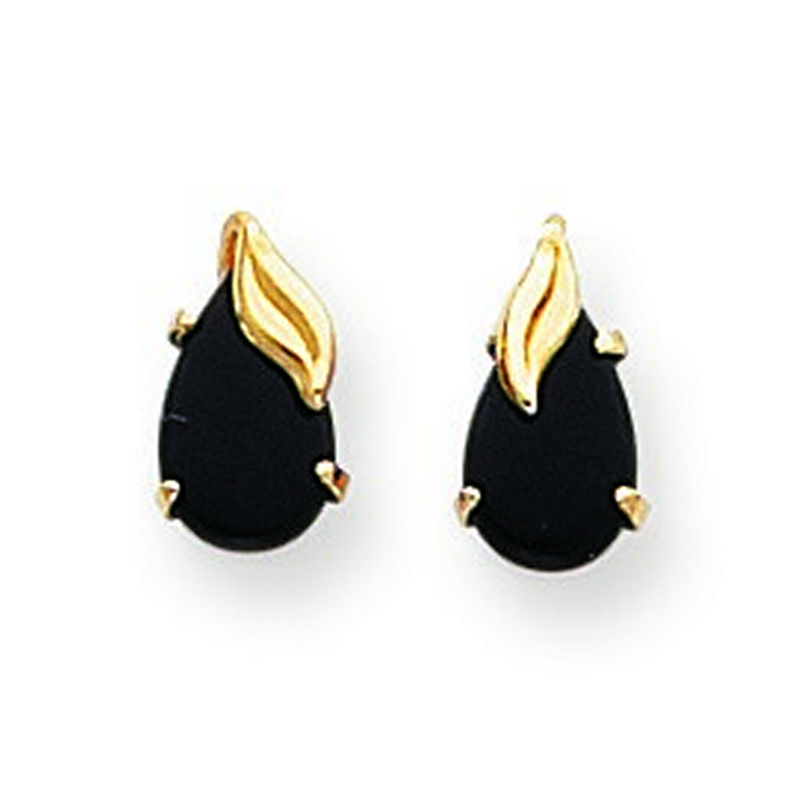 14k Yellow Gold Pear Shaped Onyx With Leaf Earrings - Measures 10x5mm