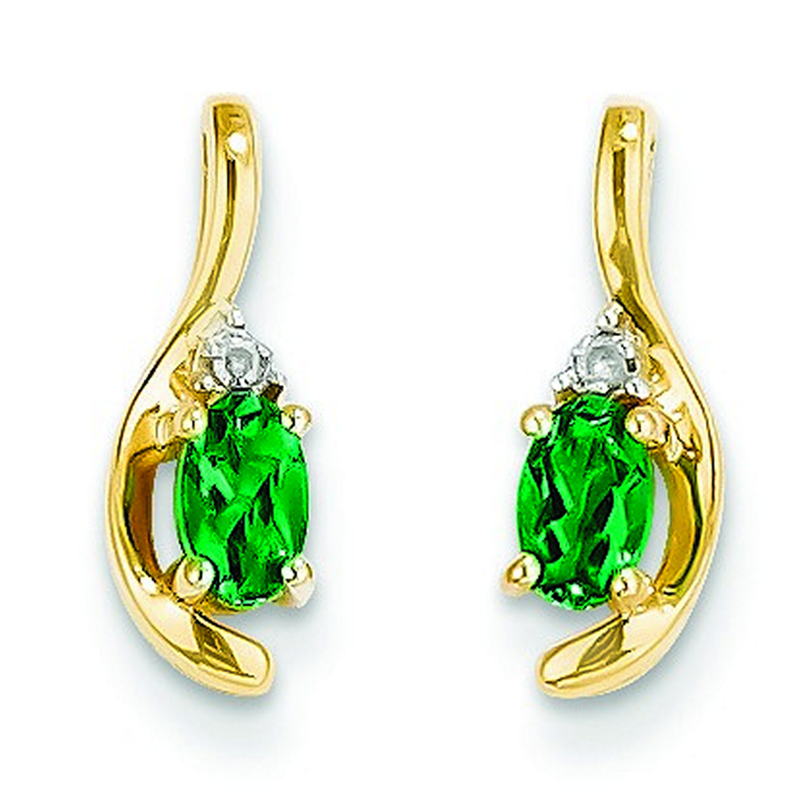 14k Yellow Gold Diamond and Genuine Emerald Earrings (5x14mm)