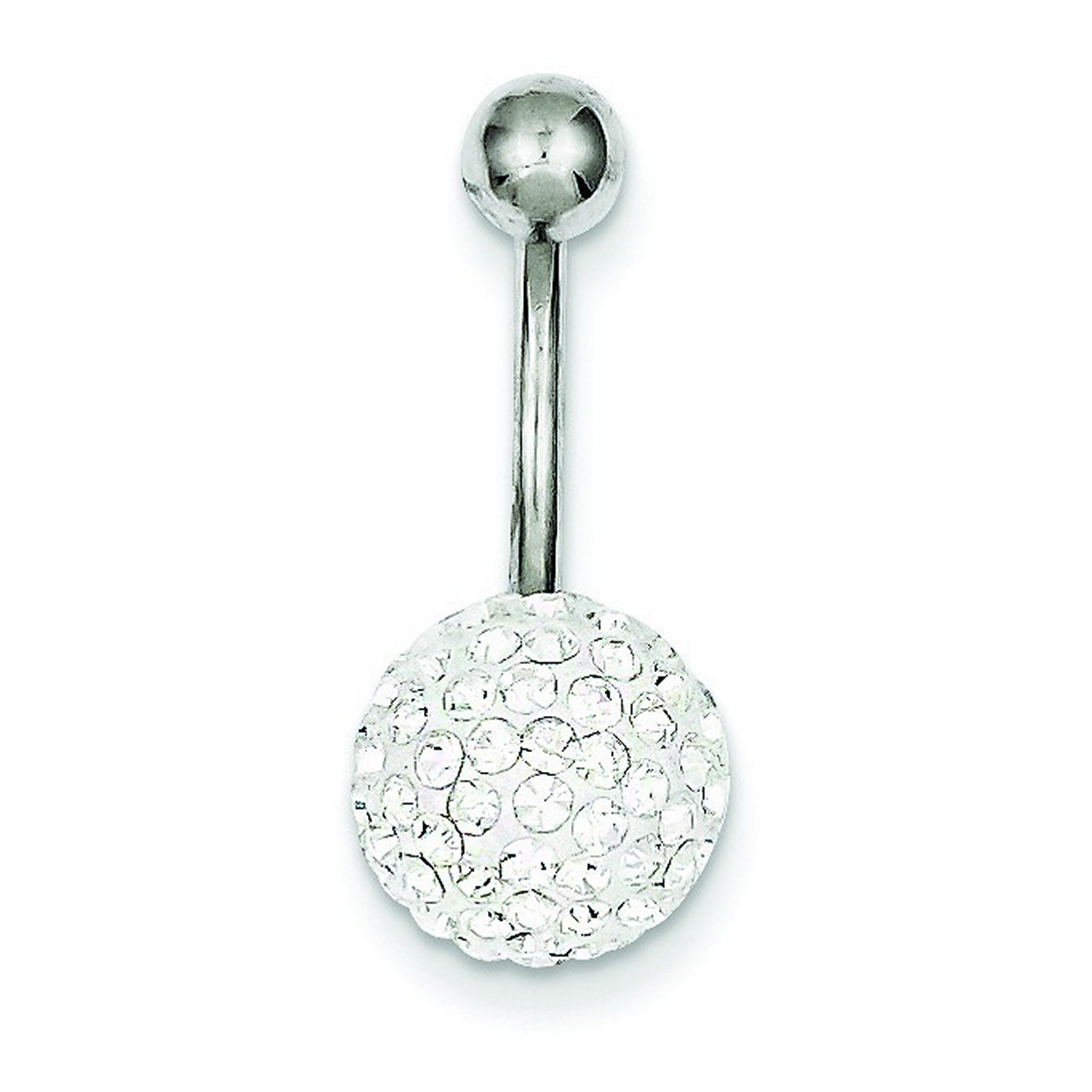 10k White Gold With 10mm White Crystal Ball Belly Ring Dangle