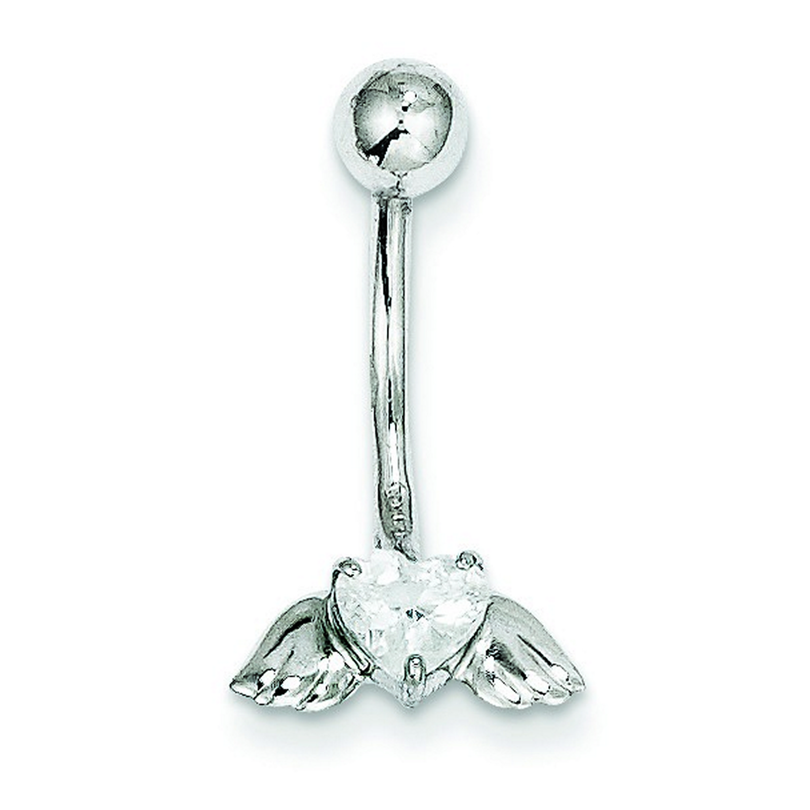 10k White Gold With CZ Heart Angel Wings Belly Ring Dangle