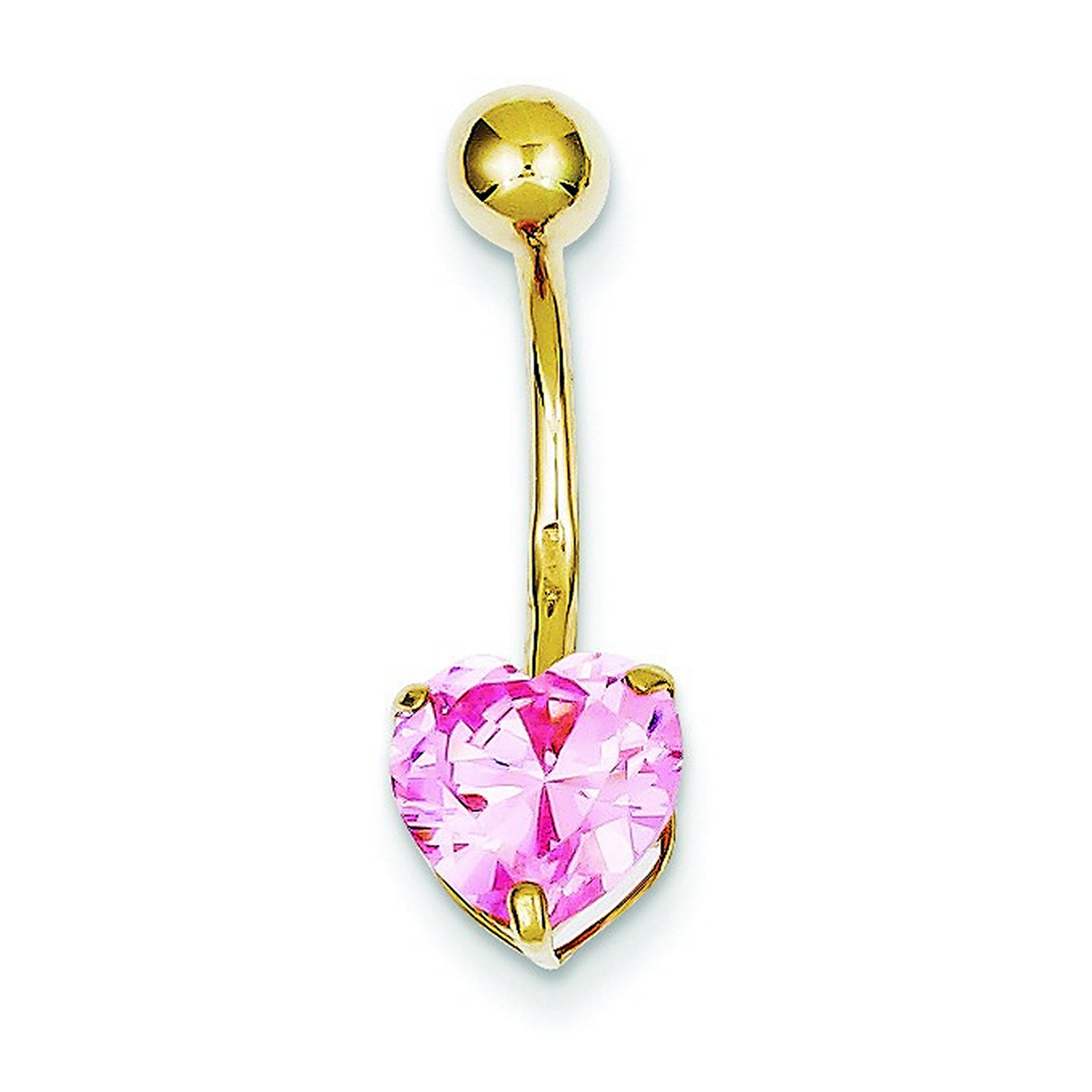 10k Yellow Gold With 8mm Pink CZ Heart Belly Ring Dangle