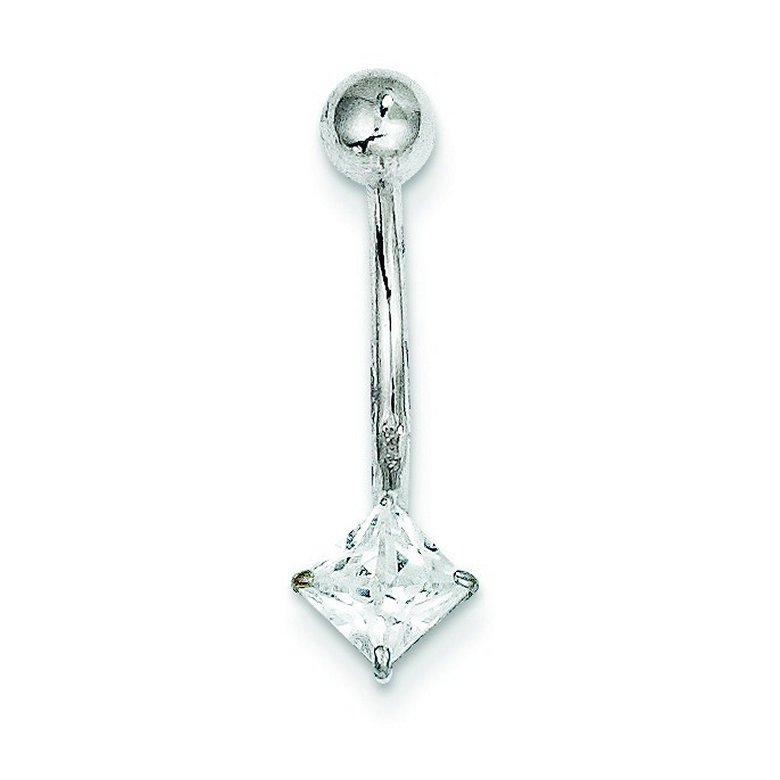 10k White Gold With 5mm Square CZ Belly Ring Dangle