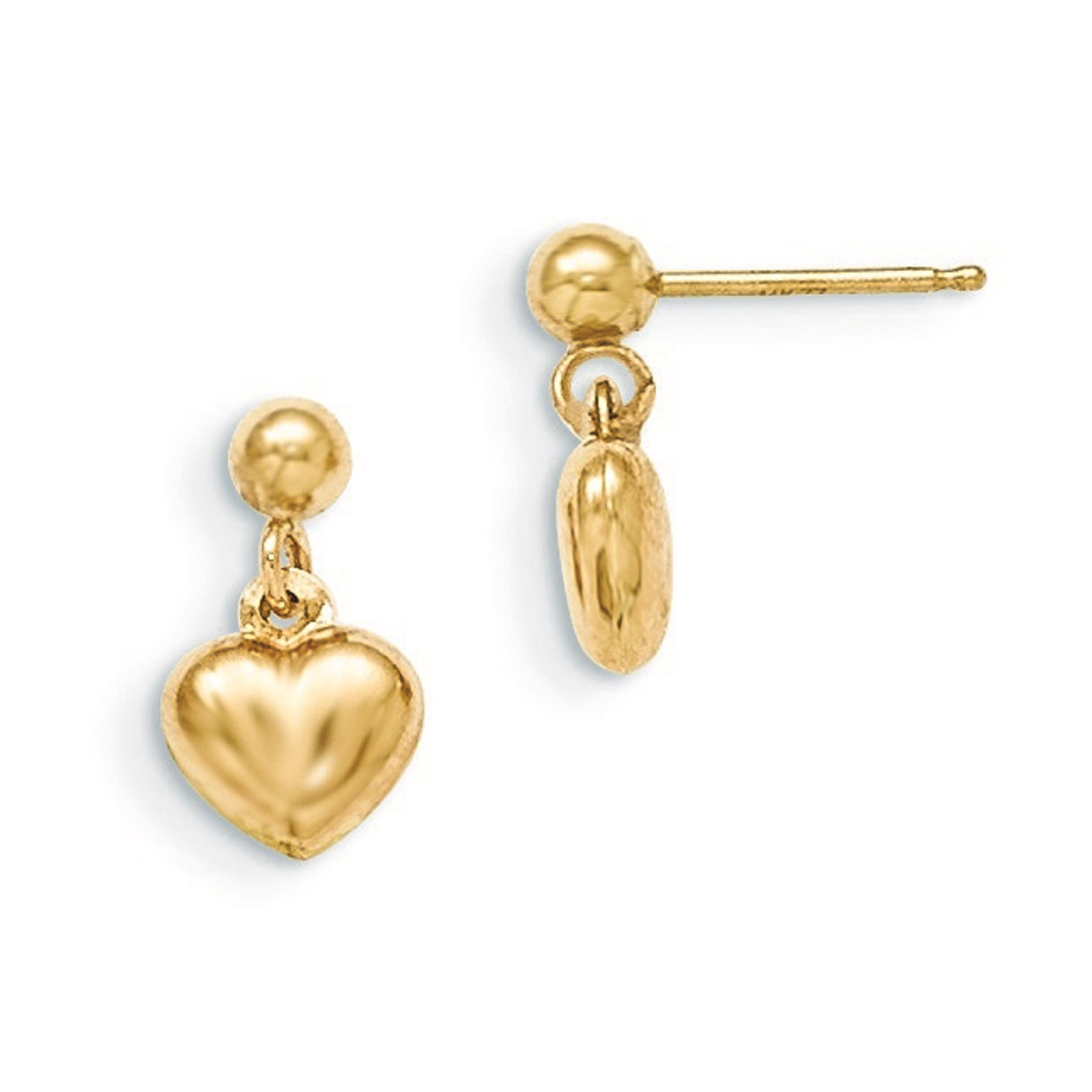 14k Yellow Gold Puffed Heart Dangle Earrings - Measures 11x6mm