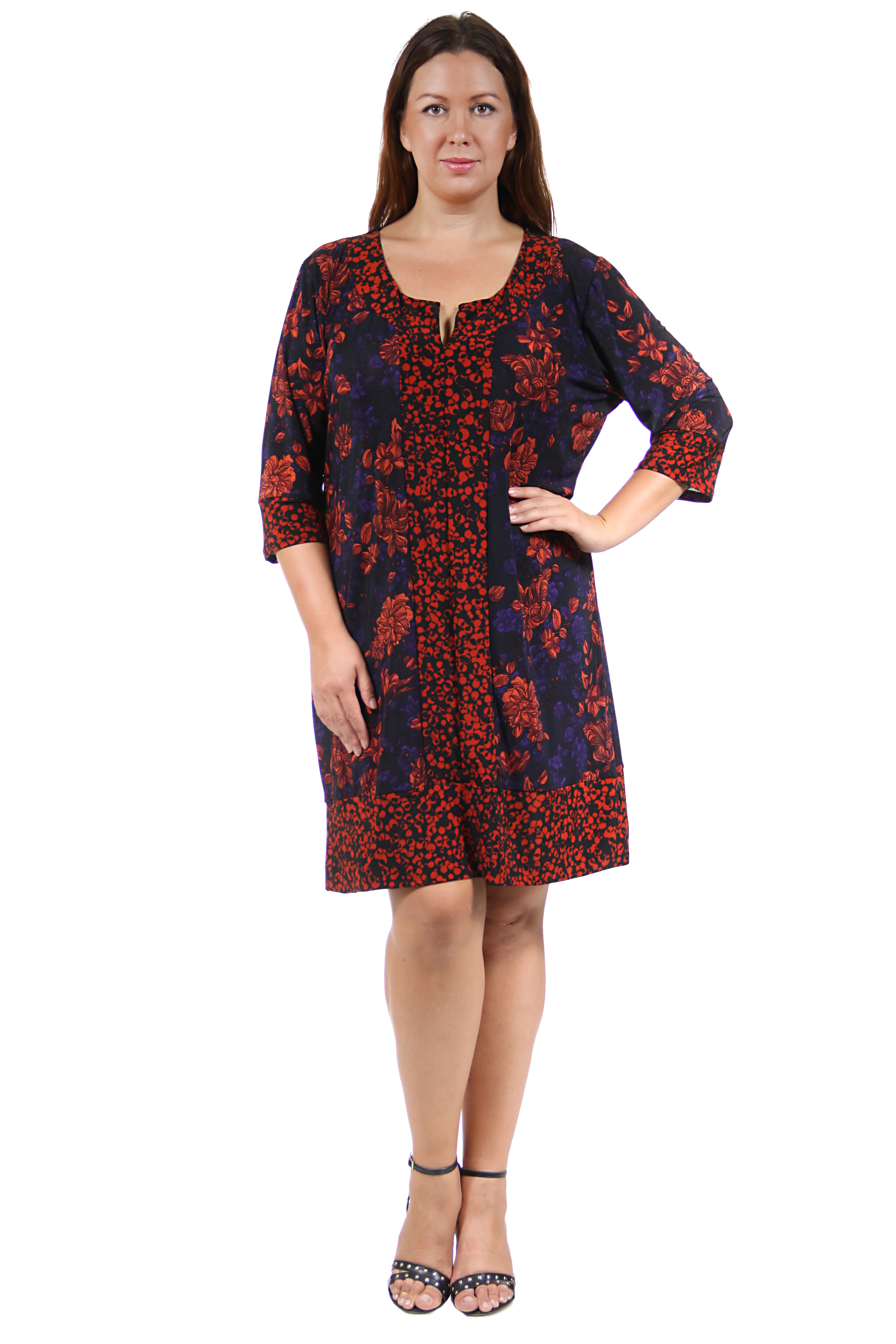 24/7 Comfort Apparel Women's Plus Size Fall Red Floral Polka-Dot Shift ...