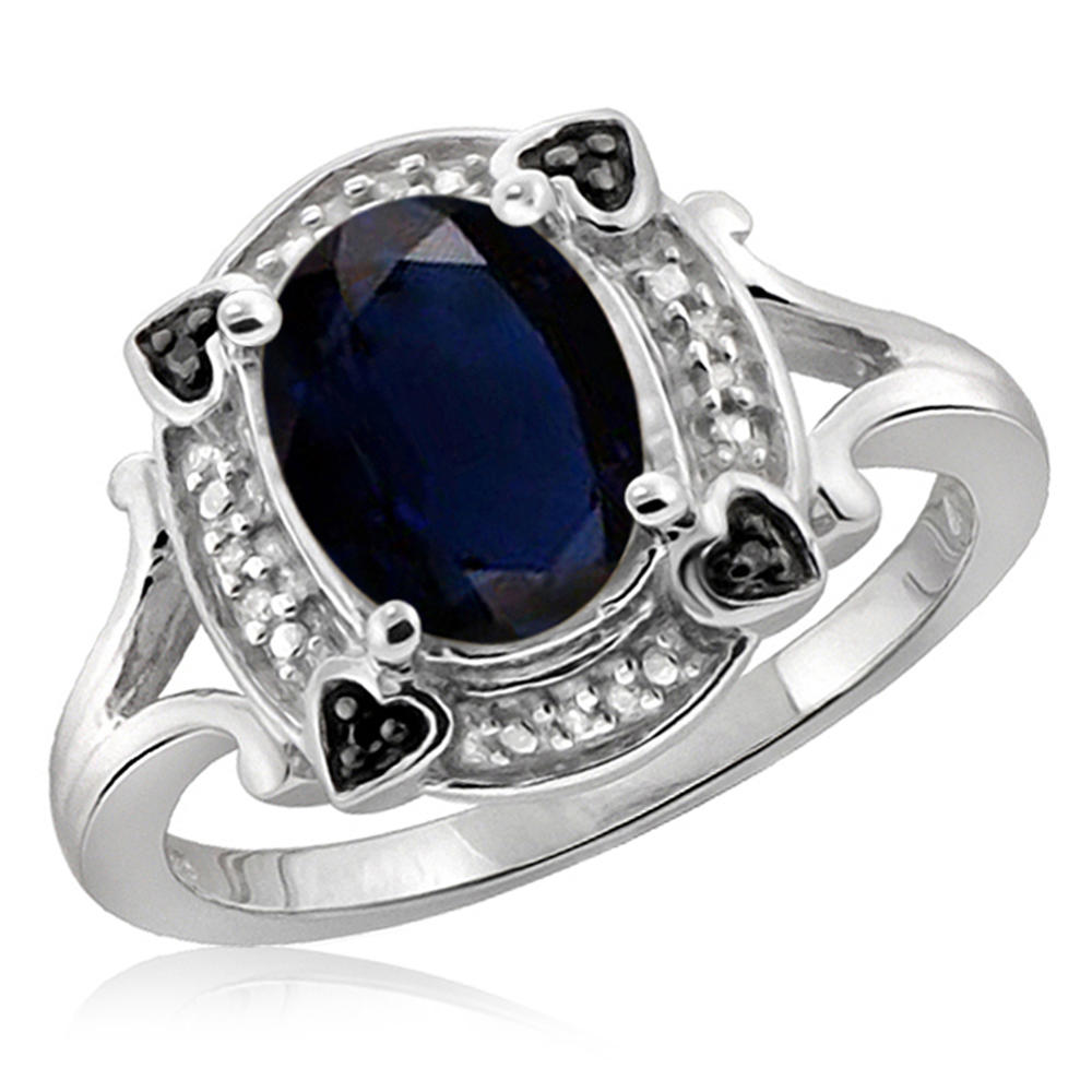 JewelonFire 2 Carat T.G.W. Sapphire With Black and White Diamond Accent Sterling Silver Ring