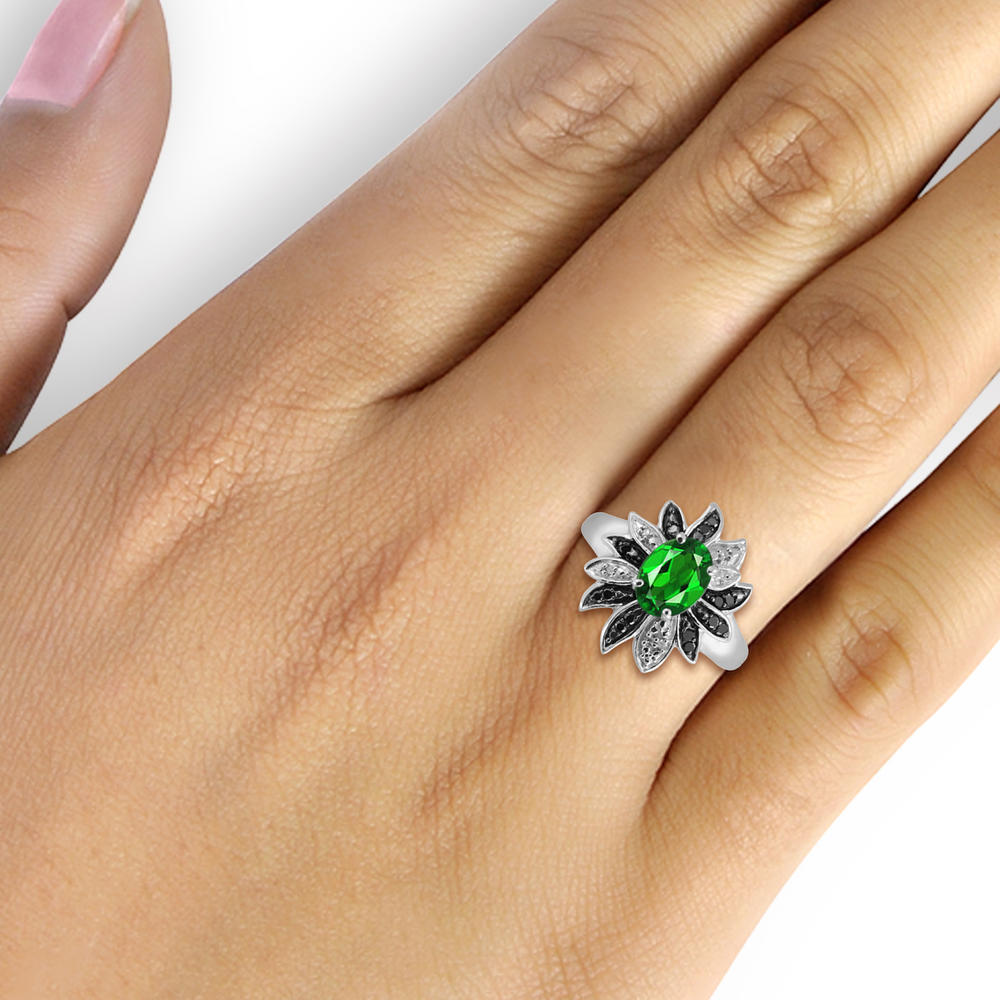 JewelonFire 1 1/5 Carat T.G.W. Chrome Diopside With Black And White Diamond Accent Sterling Silver Ring