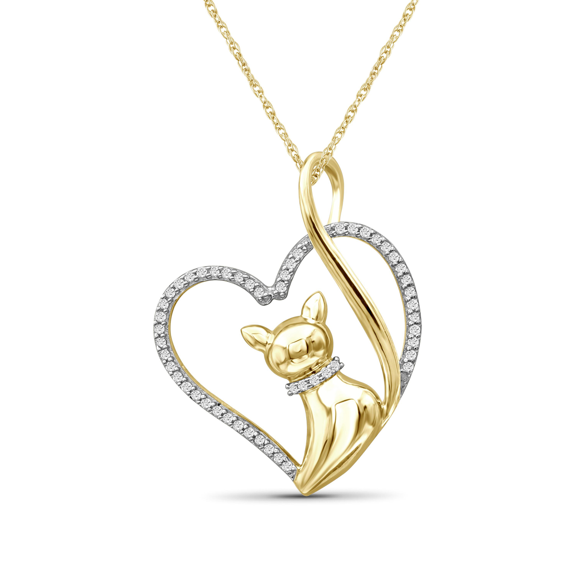 Love Heart with Cat Kitty Pendant Necklace in 14K Gold Over Sterling Silver 18 Chain 