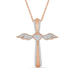 JewelonFire 1/4 Carat T.W. White Diamond Rose Gold Over Silver Angel Cross Pendant