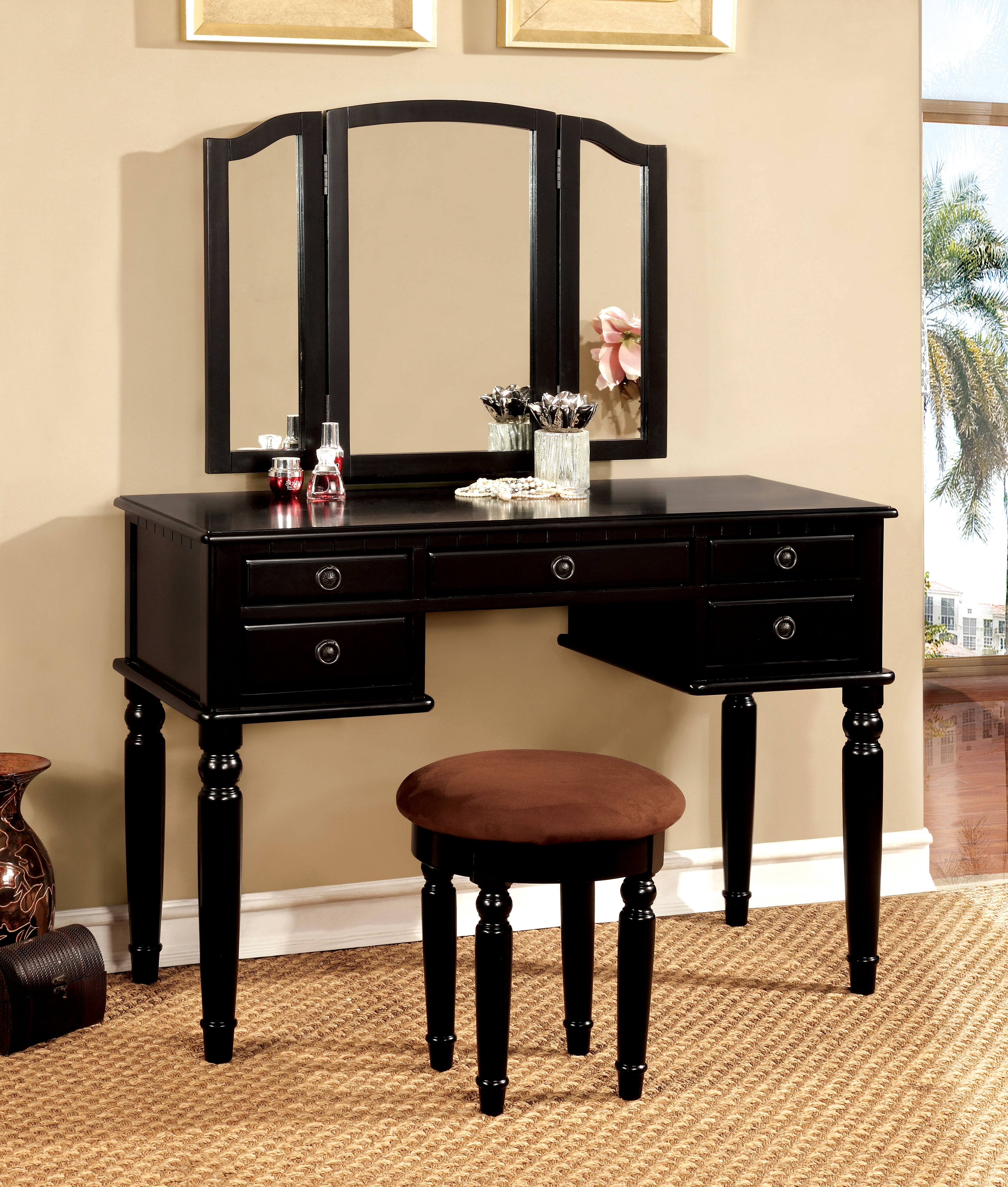 Furniture of America Portia Traditional Vanity Set with Mirror and Stool