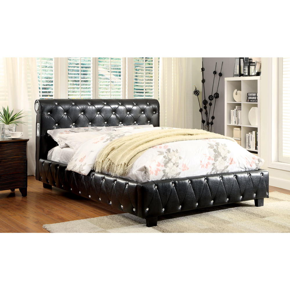 Furniture of America Izabelle Crystal Tufted Leatherette Bed with Bluetooth Capability