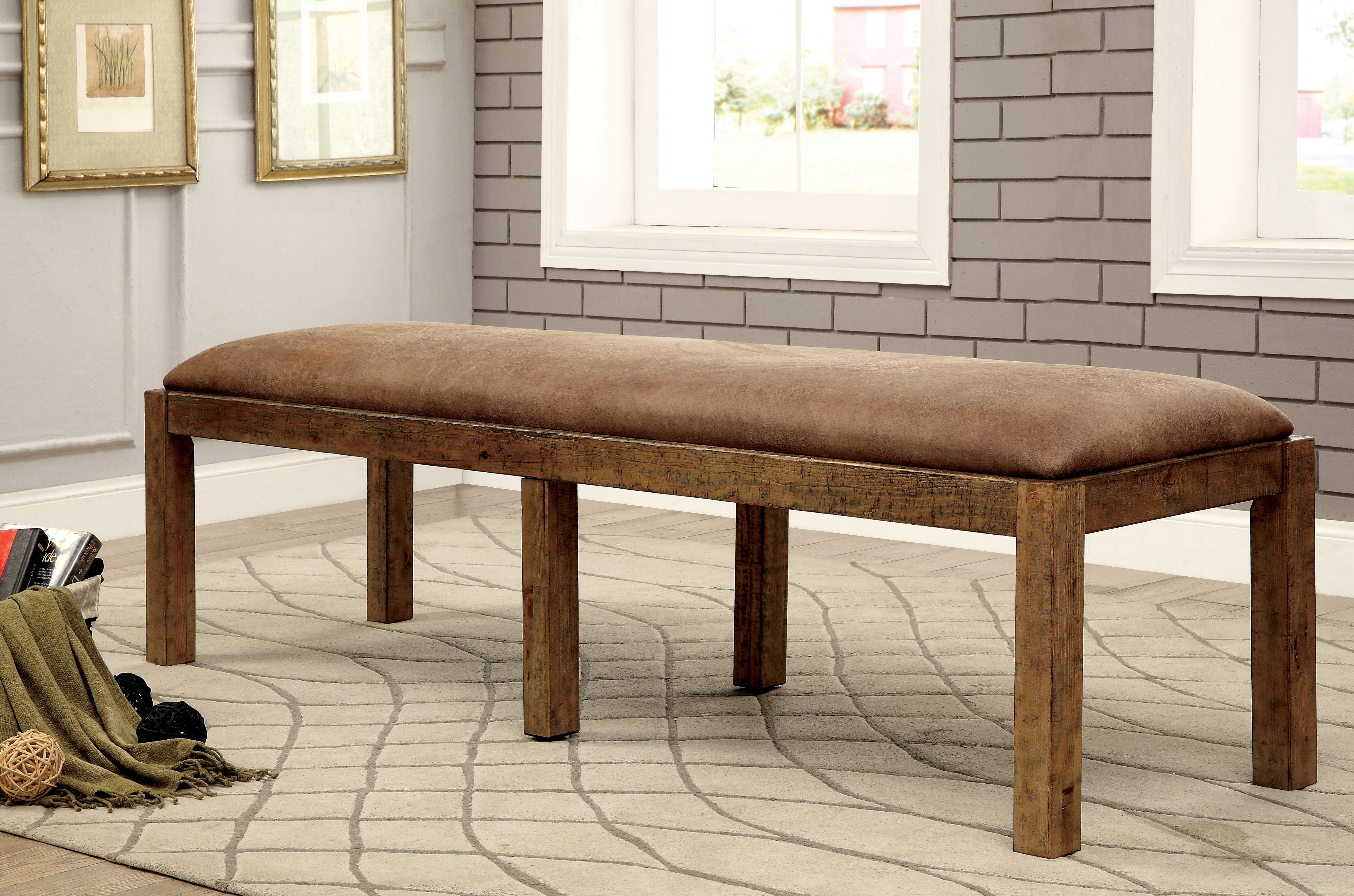 Furniture of America Burton Industrial Faux Leather Bench, Brown-SJEG-5041CO Furniture of America Burton Industrial Faux Leather Bench, Brown-SJEG-5041CO