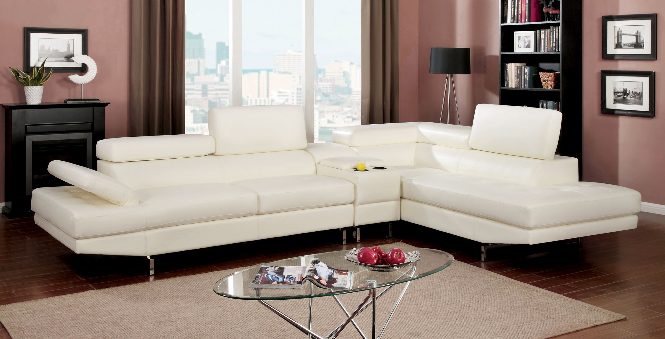 Furniture of America Frederick White Tufted Seat Storage Console Sectional