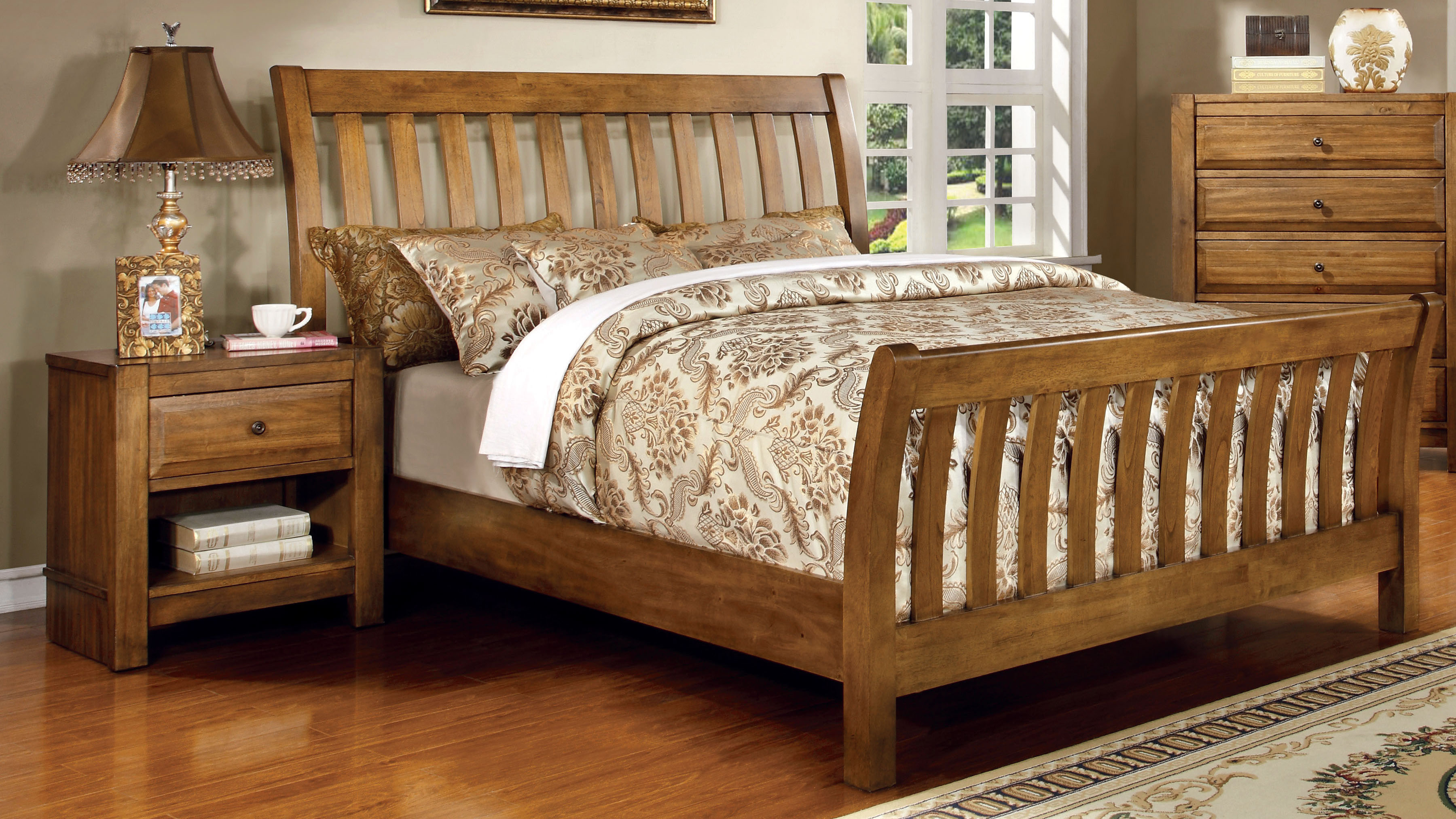 Furniture of America Rustic Oak Lyra Country Style Sleigh Bed